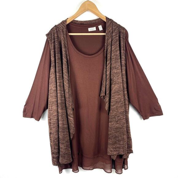 LOGO Lori Goldstein 2 Piece Set Brown Long Sleeve Top Sleeveless Cardigan SZ 2X - Picture 1 of 11